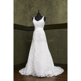 Vestido de noiva simples com decote em V, cintura natural, comprimento até o chão