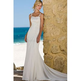 Vestido de noiva elegante com alças finas e contas de praia