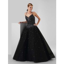 Glamourosos vestidos de baile bordados pretos com alças