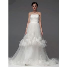 Elegantes vestidos de noiva linha A com dois níveis de organza branca