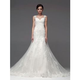 Glamourosos vestidos de noiva em tule bordado branco com alças