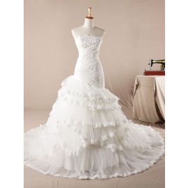 Glamourosos vestidos de noiva sereia tule branco com babados