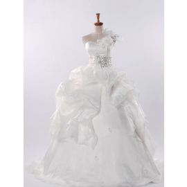 Glamourosos vestidos de noiva de um ombro só branco evasê com drapeados