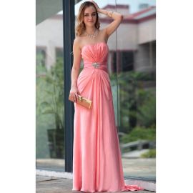 Elegantes vestidos de noite franzidos chiffon rosa linha A com cauda