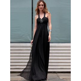 Noble vestidos de noite frente única preto chiffon linha A longo