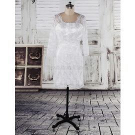 Vestido de noiva translúcido manga longa cintura natural na altura do joelho