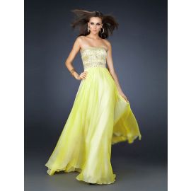 Elegante vestido de noite de chiffon bordado sem alças amarelo longo
