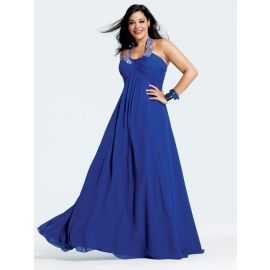 Vestidos de baile glamourosos plus size azul longo com decote frente única
