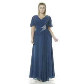 Glamouroso vestido de baile azul plus size com mangas