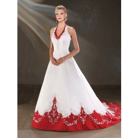 Vestido de noiva luxo linha A de cetim branco vermelho com decote frente única