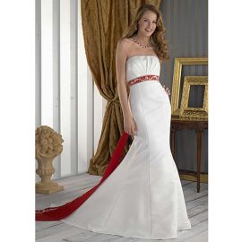 Nobre vestido de noiva sereia branco vermelho com cinto