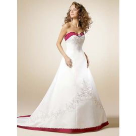 Vestido de Noiva Glamour Linha A de Cetim Branco Vermelho com Bordados
